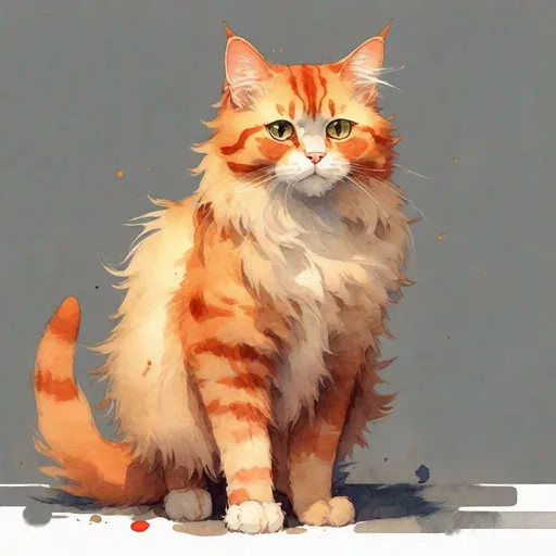Prompt: cartoon cute fluffy red cat in full growth, standing sideways  with one paw raised, watercolor, discreet colors, art by Hiten pixiv, Gustav Klimt, Jeremy mann, high quality. 4k