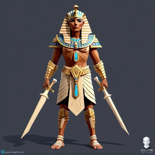 Prompt: character design for the game,  secutor light armor design, fantasy, digital art, Egyptian theme, low poly, few details, mummy