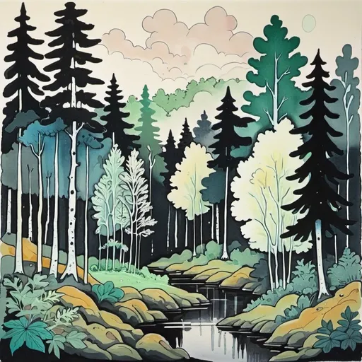 Prompt: landscape, forest, a mixture of styles, ink and pearlescent gouache