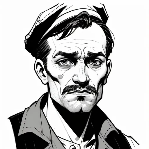 Prompt: fashion design, game character, 30-year-old man, farmer, stupid facial expression, correct facial proportions, small eyes, Soviet style, dark atmosphere, pencil and ink sketch, Mike Mignola style