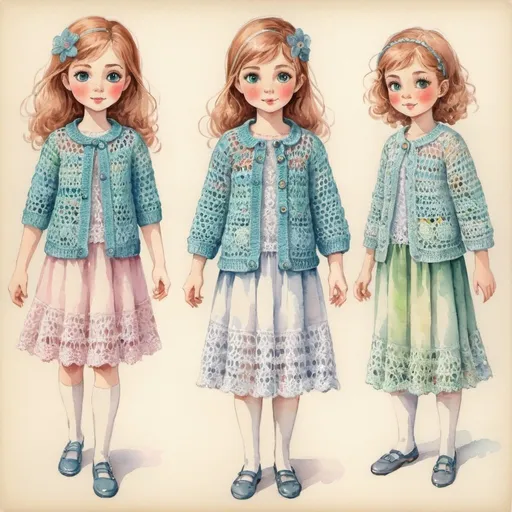 Prompt: Clothes design for seven year old girls. Full length, straight, arms along the body, crocheted blouse or jacket. knitted lace, watercolor. 