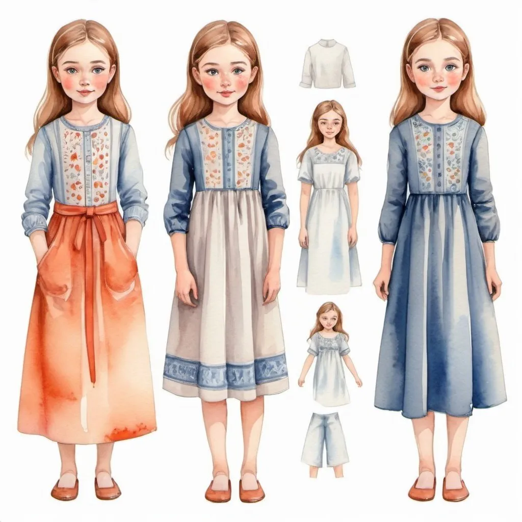 Prompt: Clothes design for girls. Full height, straight, arms along the body, Dutch motifs, modern clothing, modest appearance, watercolor. Faces with correct, realistic proportions. Small eyes.