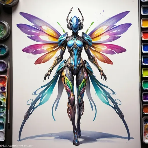 Prompt: costume design for a character from the game warframe, full-length, dragonfly stylization, biorobot, unusual painting, drawing, watercolor, master's work neon goddess,, drawing, watercolor, master's work, painting, beautifully detailed, art by Sakimichan , unusual flowers, rainbow tones