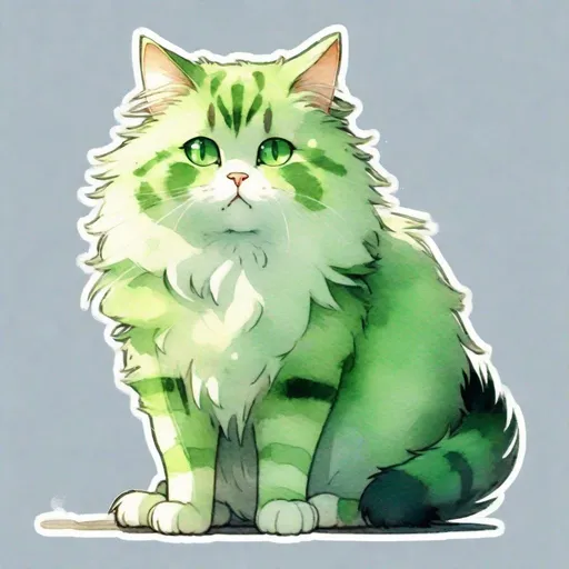 Prompt: cartoon cute fluffy green cat in full growth, standing sideways  with one paw raised, watercolor, discreet colors, art by Hiten pixiv, Gustav Klimt, Jeremy mann, high quality. 4k, sticker