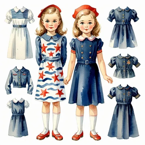 Prompt: Clothes design for seven year old girls. Full height, straight, arms along the body, Marine theme. watercolor. Soviet graphics. Faces with correct, realistic proportions. Small eyes.