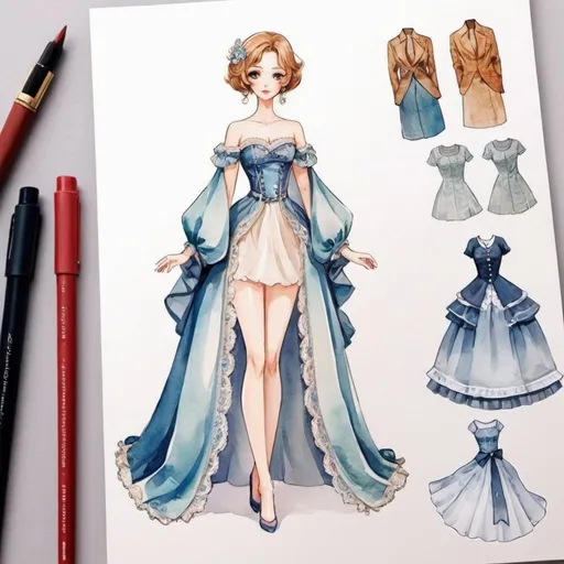 Prompt: design of beautiful elegant clothes for a paper doll, anime, comiс, watercolor, original