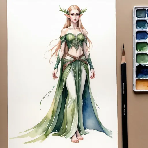 Prompt: elven elegant wear design, full-length girl with arms along her body, two outfits, watercolor