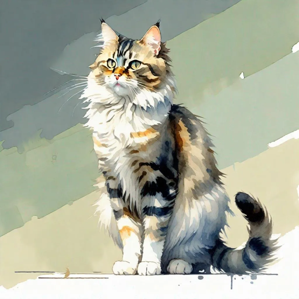 Prompt: fluffy domestic striped cat in full growth, standing with one paw raised, watercolor, discreet colors, art by Hiten pixiv, Gustav Klimt, Jeremy mann, high quality. 4k