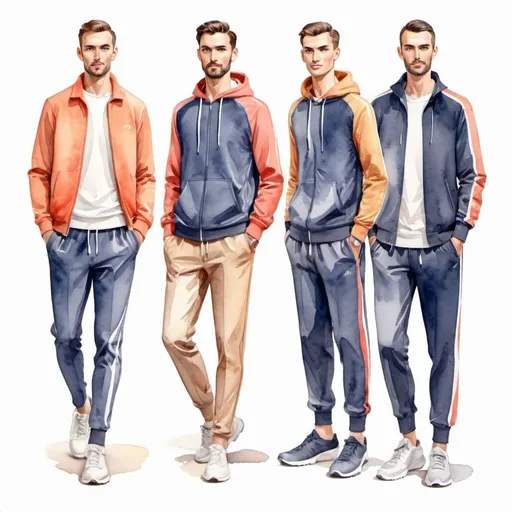 Prompt: Fashion design for men. coach, physical education teacher, Full-length, sportswear, modest appearance, watercolor. Faces with correct, realistic proportions. Small eyes.