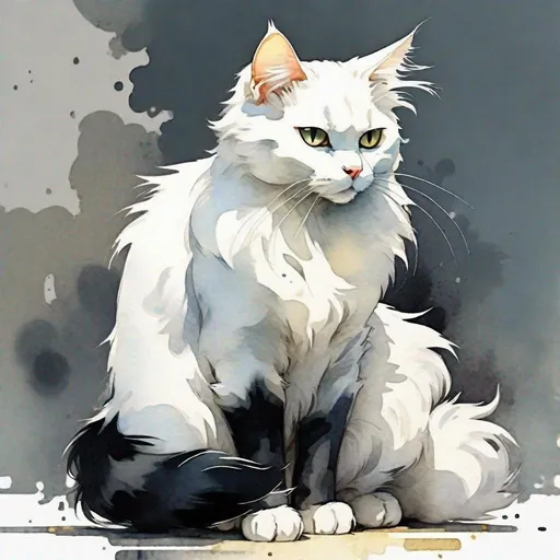 Prompt: cartoon fluffy white and black cat in full growth, standing sideways  with one paw raised, watercolor, discreet colors, art by Hiten pixiv, Gustav Klimt, Jeremy mann, high quality. 4k