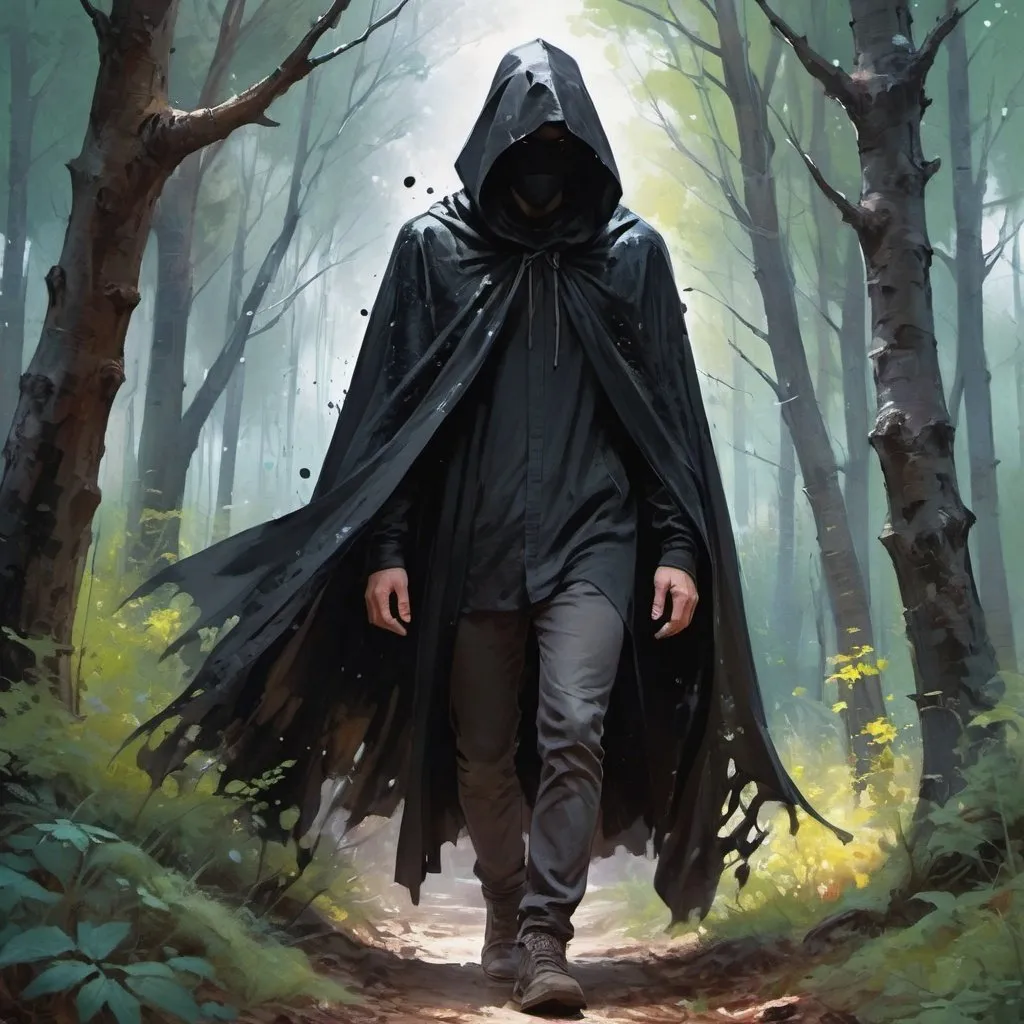 Prompt: "a man walks in a black flowing cloak through the forest, a hood covering his face is on his head, mystery, beautiful nature of a gloomy forest, fantasy, Garmash, WOLP, Rossdraws, Paint splatters, highly detailed, pixiv"