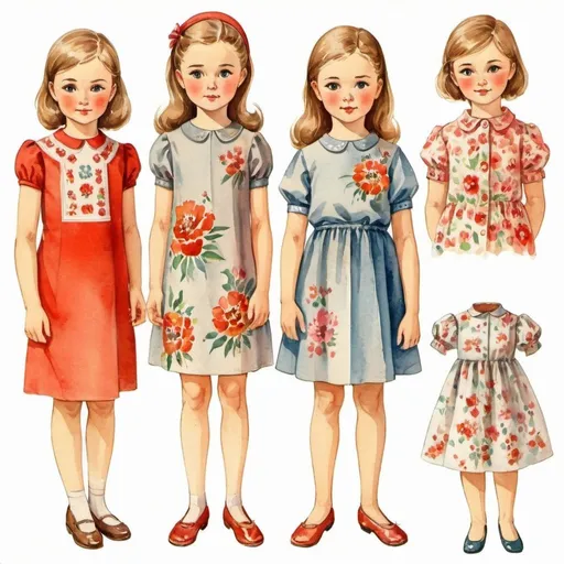 Prompt: Clothes design for seven year old girls. Full height, straight, arms along the body, floral theme in clothes. watercolor. Soviet graphics. Faces with correct, realistic proportions. Small eyes.