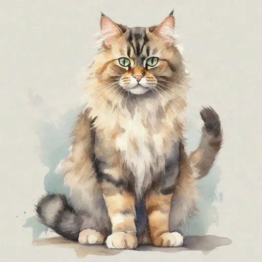 Prompt: cartoon fluffy domestic cat in full growth, standing with one paw raised, watercolor, discreet colors