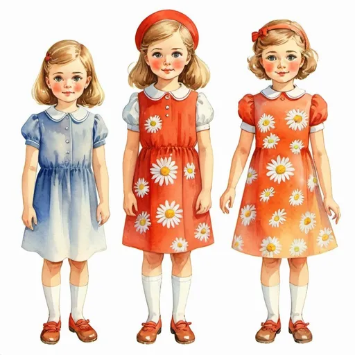 Prompt: Clothes design for seven year old girls. Full height, straight, arms along the body, daisy theme in clothes. watercolor. Soviet graphics. Faces with correct, realistic proportions. Small eyes.