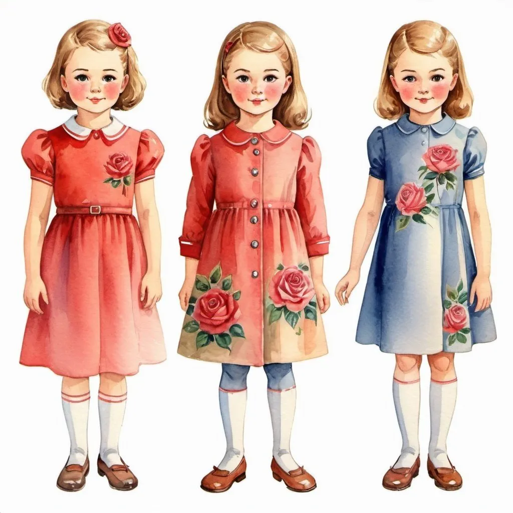 Prompt: Clothes design for seven year old girls. Full height, straight, arms along the body, rose theme in clothes. watercolor. Soviet graphics. Faces with correct, realistic proportions. Small eyes.