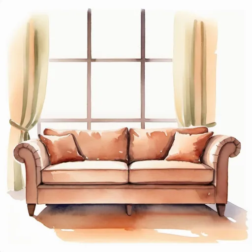 Prompt: sofa, simple modest furniture, few details, watercolor, lack of perspective, flat image, 2D