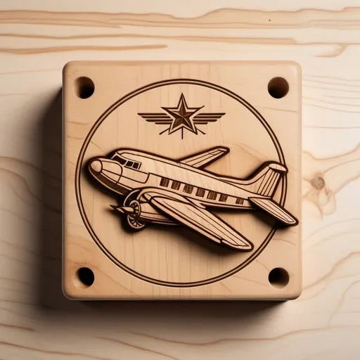 Prompt: Logo in the form of a Soviet military airplane - top view on a wooden block, silhouette, outline, thick lines, simple shape, the figure of the airplane is very stylized and simplified and made in the style of wood engraving, the wood is light brown in color, and the engravings seem darker because of the shadows created by the recesses.