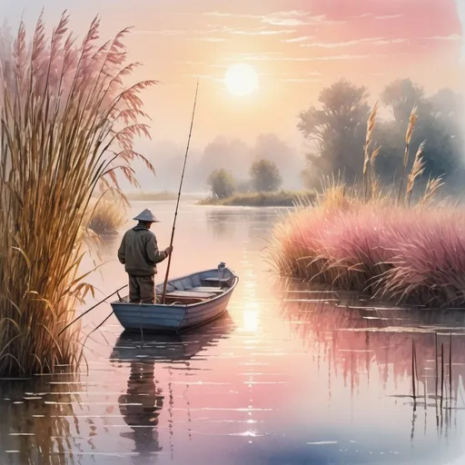 Prompt: 

"Beautiful landscape, dawn, rising sun, river, boat with a fisherman, reeds in the foreground, sun rays playing in dew drops, digital art, watercolor, oil painting, dramatic lighting, bright light coming in, feeling of contrast, soft colors, golden pink"