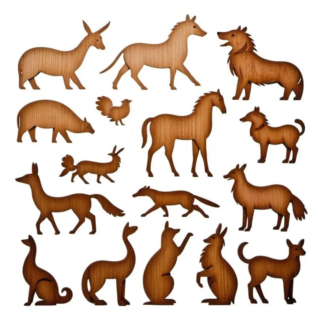 Prompt: flat wooden figurines of animals from Russian fairy tales in different poses on a plain white background. clear recognizable silhouette, wood, plywood, carving