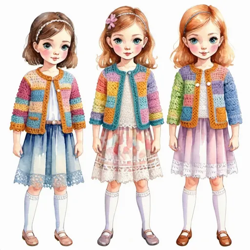 Prompt: Clothes design for seven year old girls. Full length, straight, arms along the body, crocheted blouse or jacket. patchwork, knitted lace, watercolor. 