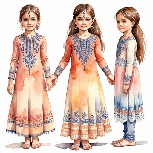 Prompt: Clothes design for seven year old girls. Full length, straight, arms along the body, Indian motifs, knitted lace, watercolor. 