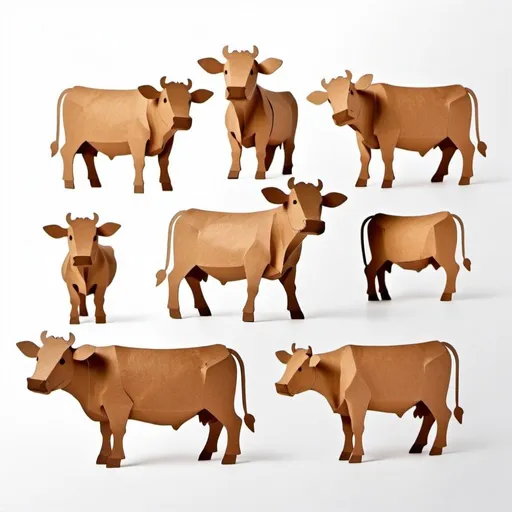Prompt: Cut out of cardboard, flat figurines of a cute cow, in different poses, on a plain white background. clear recognizable silhouette, cardboard, sticker
