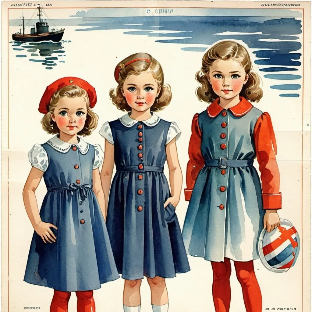Prompt: Clothes design for seven year old girls. Full height. Marine theme. watercolor. Soviet fashion magazine, Soviet poster. Faces with correct, realistic proportions. Small eyes.