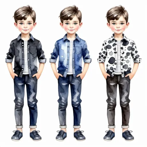 Prompt: Clothes design for boys. Full height, straight, arms along the body slightly to the side, black, pattern, watercolor.  Faces with correct realistic proportions. Small eyes.