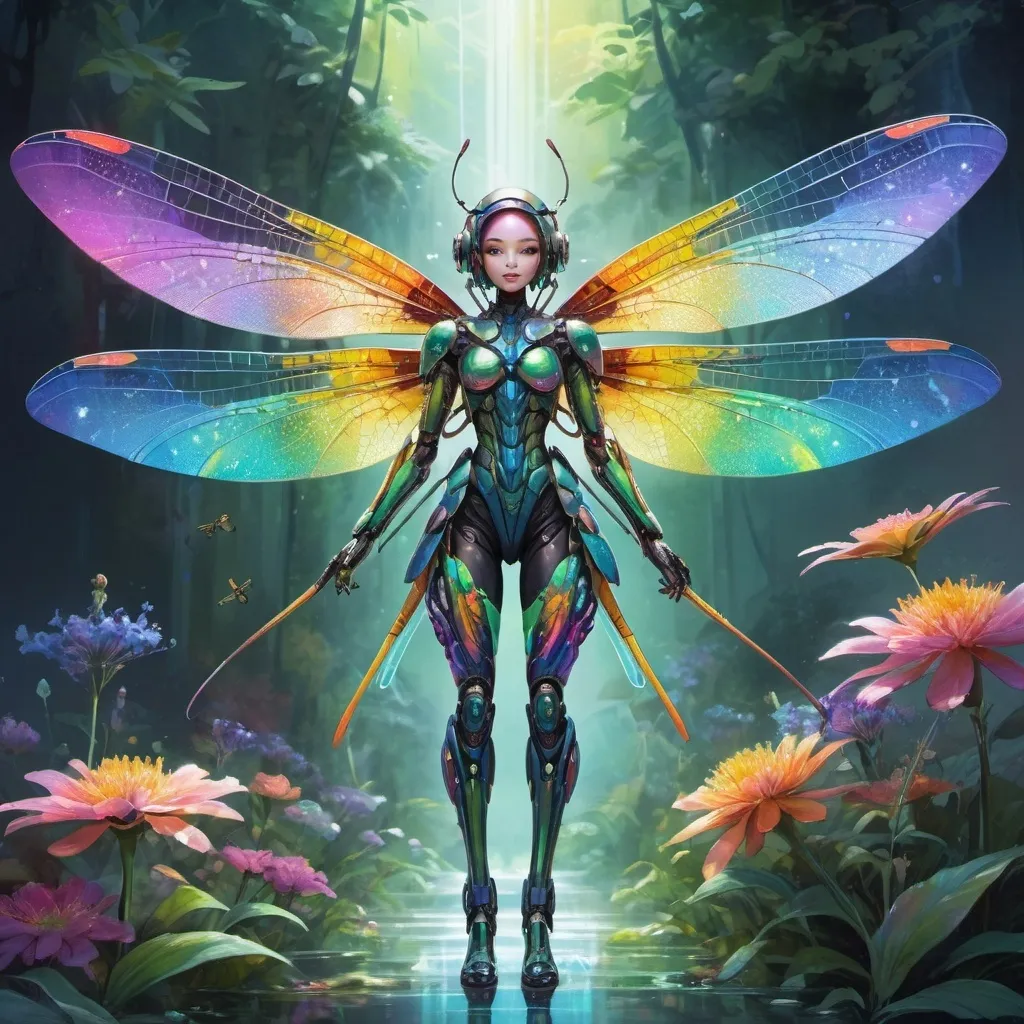 Prompt: costume design for a character from the game warframe, full-length, dragonfly stylization, biorobot, unusual painting, drawing, watercolor, master's work neon goddess,, drawing, watercolor, master's work, painting, beautifully detailed, art by Sakimichan , unusual flowers, rainbow tones