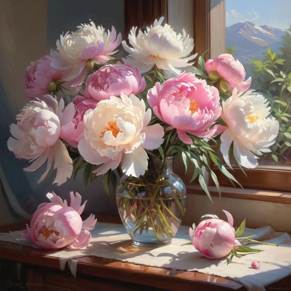 Prompt: bouquet of pink and white peonies, highly detailed stylized oil painting by Daniel F. Gerhartz. Oil painting by Os Wang Yang showing extreme attention to detail, sunny day, bright light, harsh shadows, beautiful illustration, very picturesque, very detailed and detailed. beautiful light, dazzling reflected light, beautiful sunlight, dreamy, radiance,