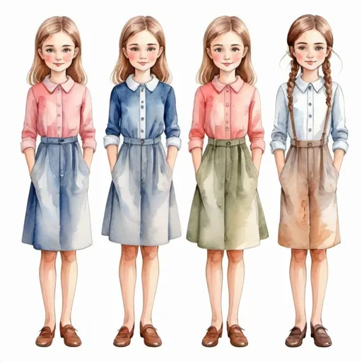 Prompt: Clothes design for girls. Full height, straight, arms along the body, French, smart, beautiful clothes, modest appearance, watercolor. Faces with correct, realistic proportions. Small eyes.
