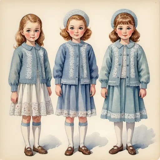 Prompt: Clothes design for seven year old girls. Full length, straight, arms along the body, crocheted blouse or jacket. knitted lace, watercolor. Soviet graphics. Faces with correct, realistic proportions. Small eyes.