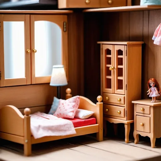 Prompt: wooden furniture, doll wooden room close up in wooden doll house, stage, bedroom, bedside closet,