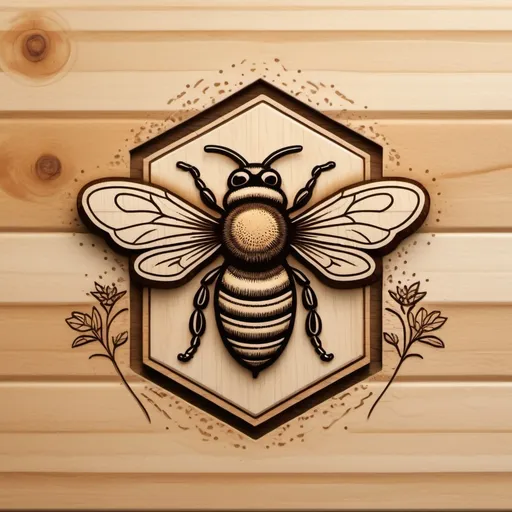 Prompt: logo, bee flying up and carrying a small pot in its paws above itself, wood burning, wood carving, brown lines from the effect of deepening on the plane of a wooden board, simple shapes, stylization