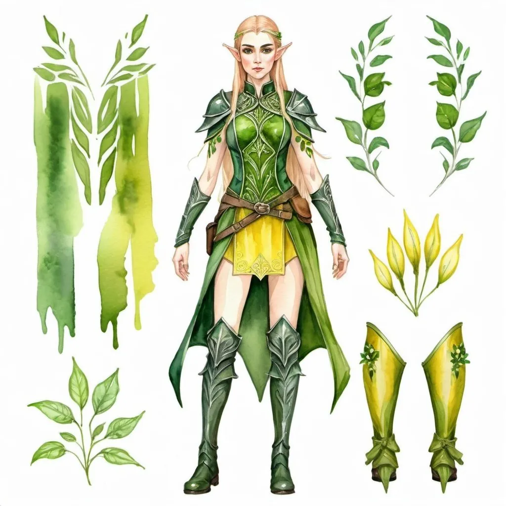 Prompt: design of elven military clothing, a full-length girl with her arms along her body, two outfits, a combination of green and yellow, watercolor, plant elements,