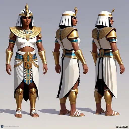 Prompt: character design for the game,  secutor light armor design, fantasy, digital art, Egyptian theme, low poly, few details, mummy