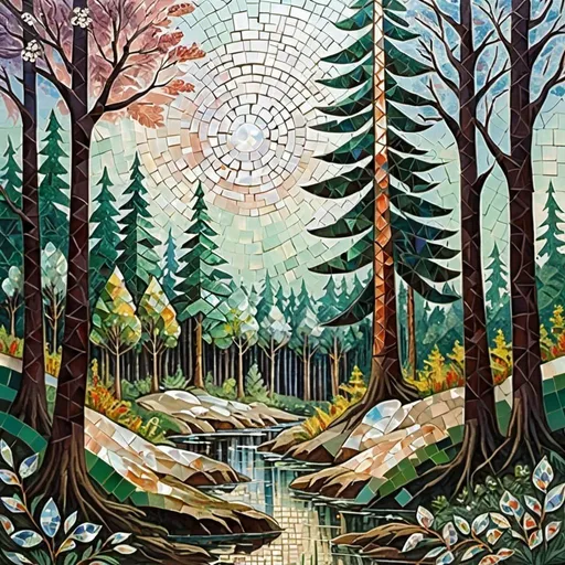Prompt: landscape, forest, a mixture of mosaic styles and mother-of-pearl gouache