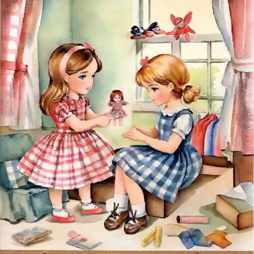 Prompt: watercolor, scene of two girls playing with dolls, doll clothes sketched on paper in the background, digital scrapbooking, Christianity, The Gingham's Paper Dolls, cover, paper doll box