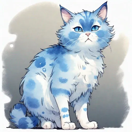 Prompt: cartoon cute fluffy blue cat in full growth, standing sideways  with one paw raised, watercolor, discreet colors, art by Hiten pixiv, Gustav Klimt, Jeremy mann, high quality. 4k, sticker