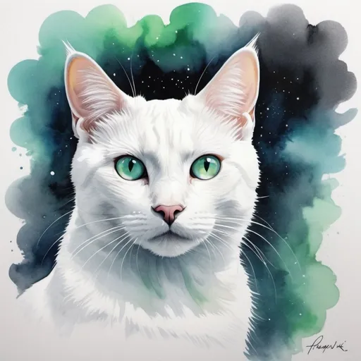 Prompt: a majestic short haired white house cat with black spot on fore head just above the eyes, visualized in 'Aurora Ink', where the fluidity of ink meets the ethereal beauty of the aurora borealis, in ink white and aurora black