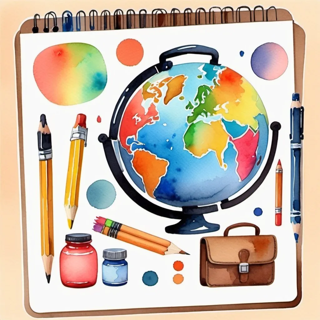 Prompt: watercolor, simple shapes, restrained colors, school objects and things, stickers on a sheet, briefcase, students, notebooks, pencil case, globe, paints,