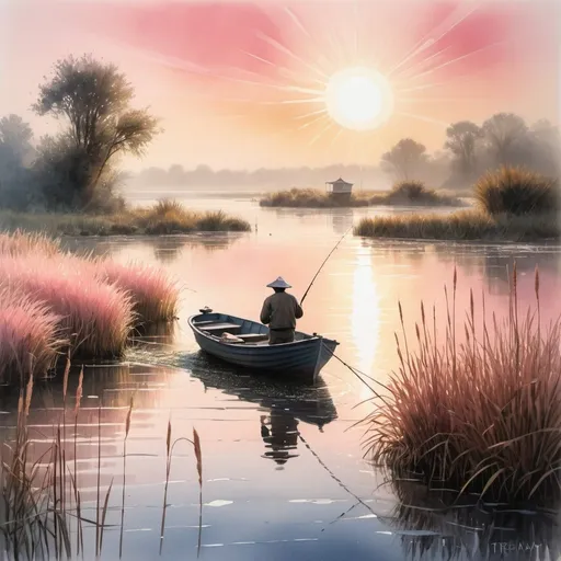 Prompt: 

"Beautiful landscape, dawn, rising sun, river, boat with a fisherman, reeds in the foreground, sun rays playing in dew drops, digital art, watercolor, oil painting, dramatic lighting, bright light coming in, feeling of contrast, Philip Treacy Spotlights Robinson, soft colors, golden pink"