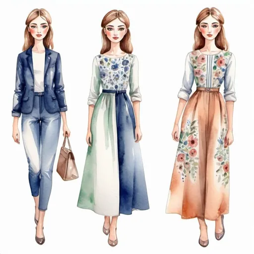 Prompt: Fashion design for girls. Full height, straight, arms along the body, Italian motifs, modern clothes, modest appearance, watercolor. Faces with correct realistic proportions. Small eyes.