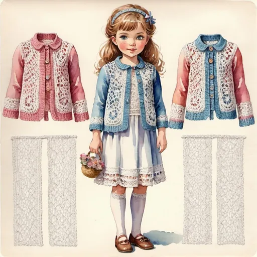 Prompt: Clothes design for seven year old girls. Full length, straight, arms along the body, crocheted blouse or jacket. knitted lace, watercolor. 