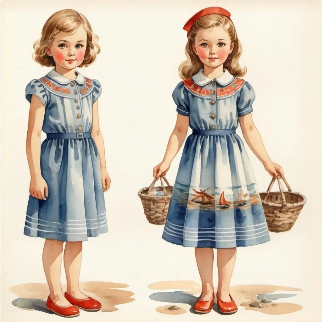 Prompt: Clothes design for seven year old girls. Full length, straight, arms along the body, Marine theme in a woven pattern. watercolor. Soviet graphics. Faces with correct, realistic proportions. Small eyes.