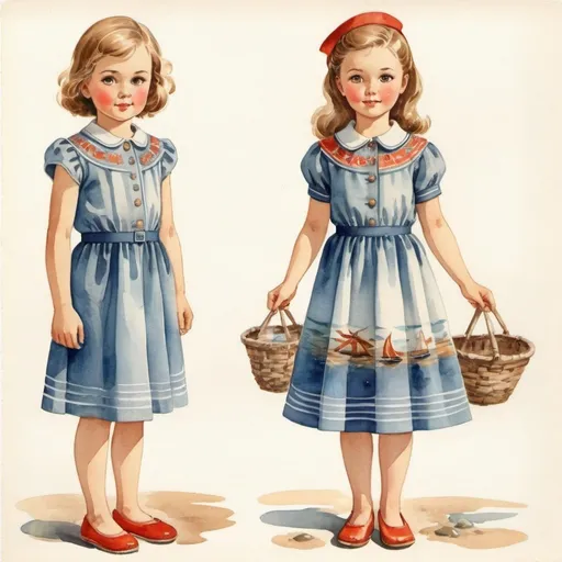 Prompt: Clothes design for seven year old girls. Full length, straight, arms along the body, Marine theme in a woven pattern. watercolor. Soviet graphics. Faces with correct, realistic proportions. Small eyes.