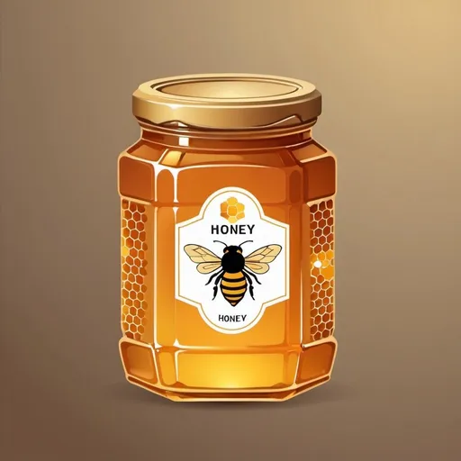 Prompt: photo of a jar with honey on which the label is visible, professional design of a label for honey in vector style, honeycombs with a drop of honey, honey colors, beautiful, Bilibin, simple, the label has the inscription "Honey", sticker