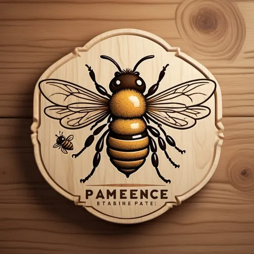 Prompt: logo, bee flying up and carrying a small pot in its paws above itself, wood burning, wood carving, brown lines from the effect of deepening on the plane of a wooden board, simple shapes, stylization