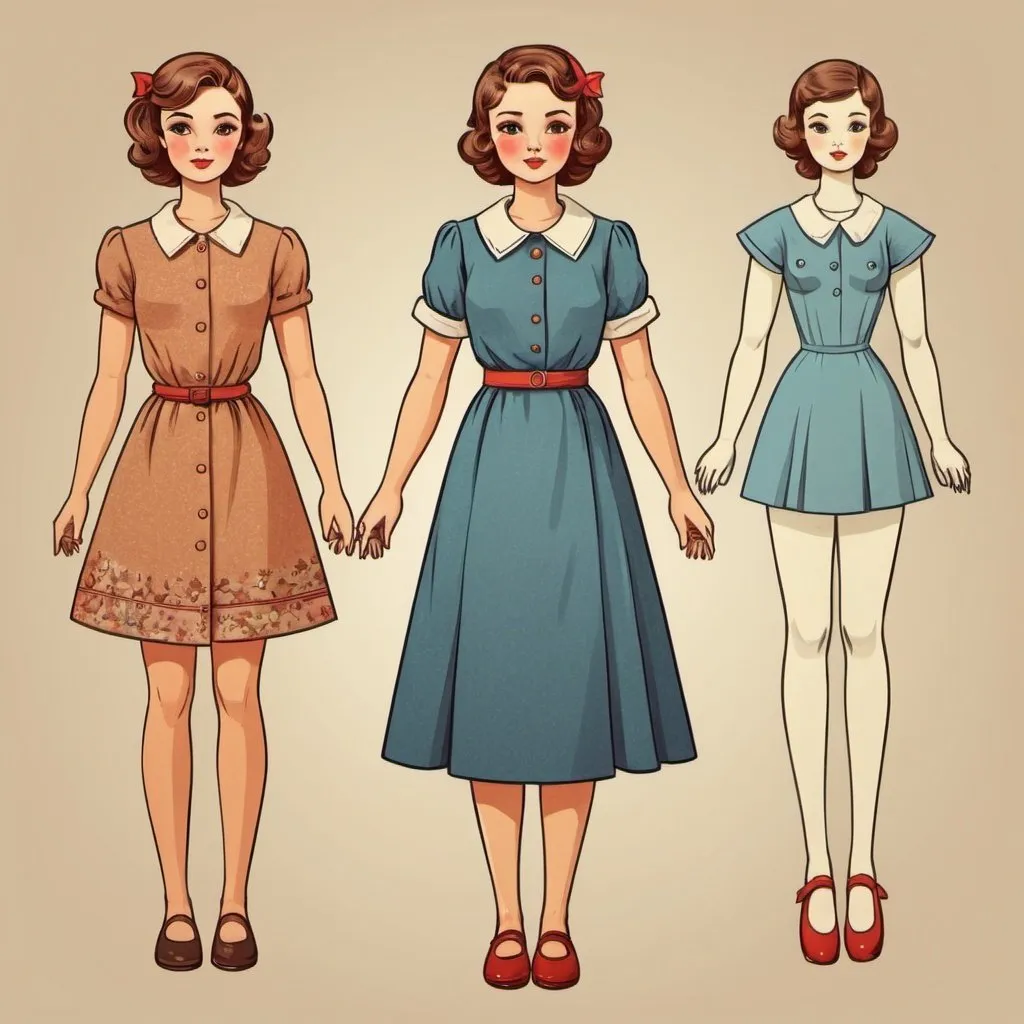 Prompt: a beautiful drawn girl stands straight with her arms to the side, next to her are clothes that fit her figure, a paper doll, Soviet style, retro