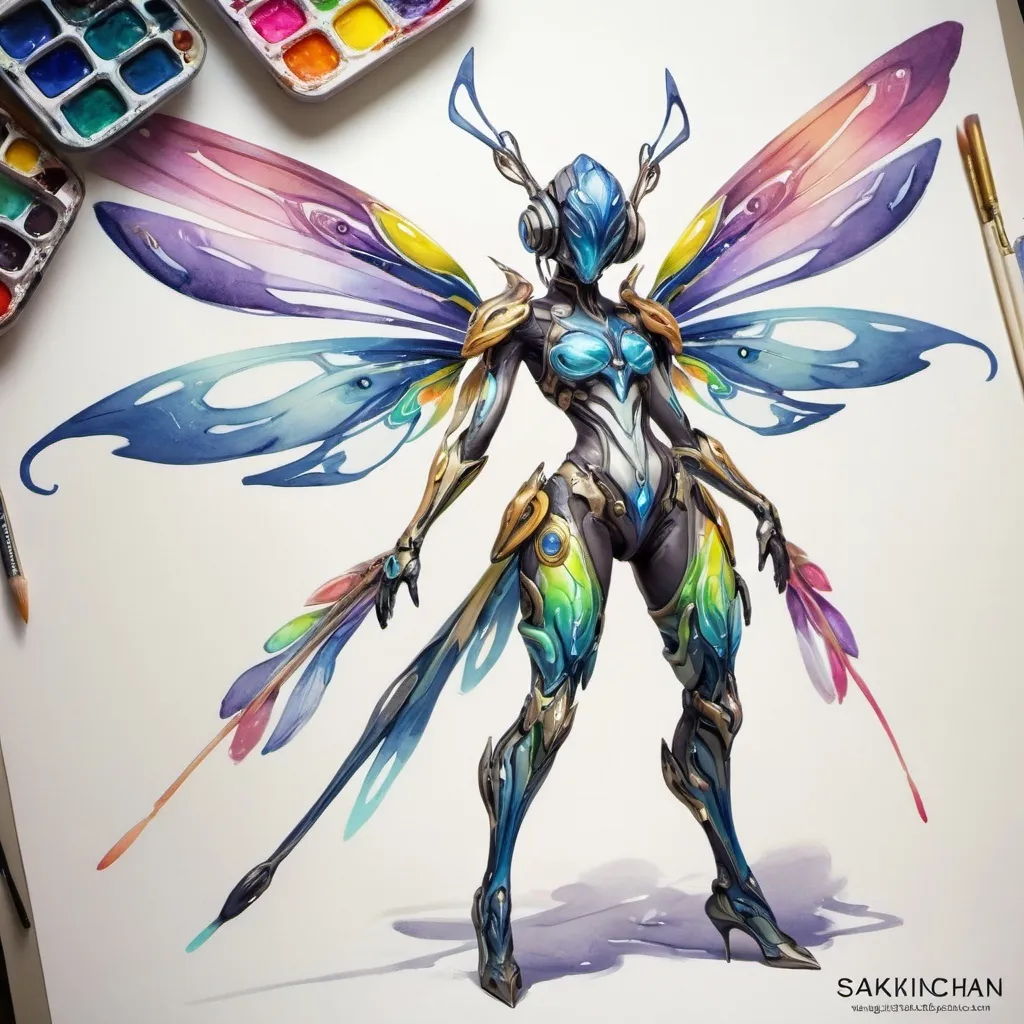 Prompt: costume design for a character from the game warframe, full-length, dragonfly stylization, biorobot, unusual painting, drawing, watercolor, master's work neon goddess,, drawing, watercolor, master's work, painting, beautifully detailed, art by Sakimichan , unusual flowers, rainbow tones